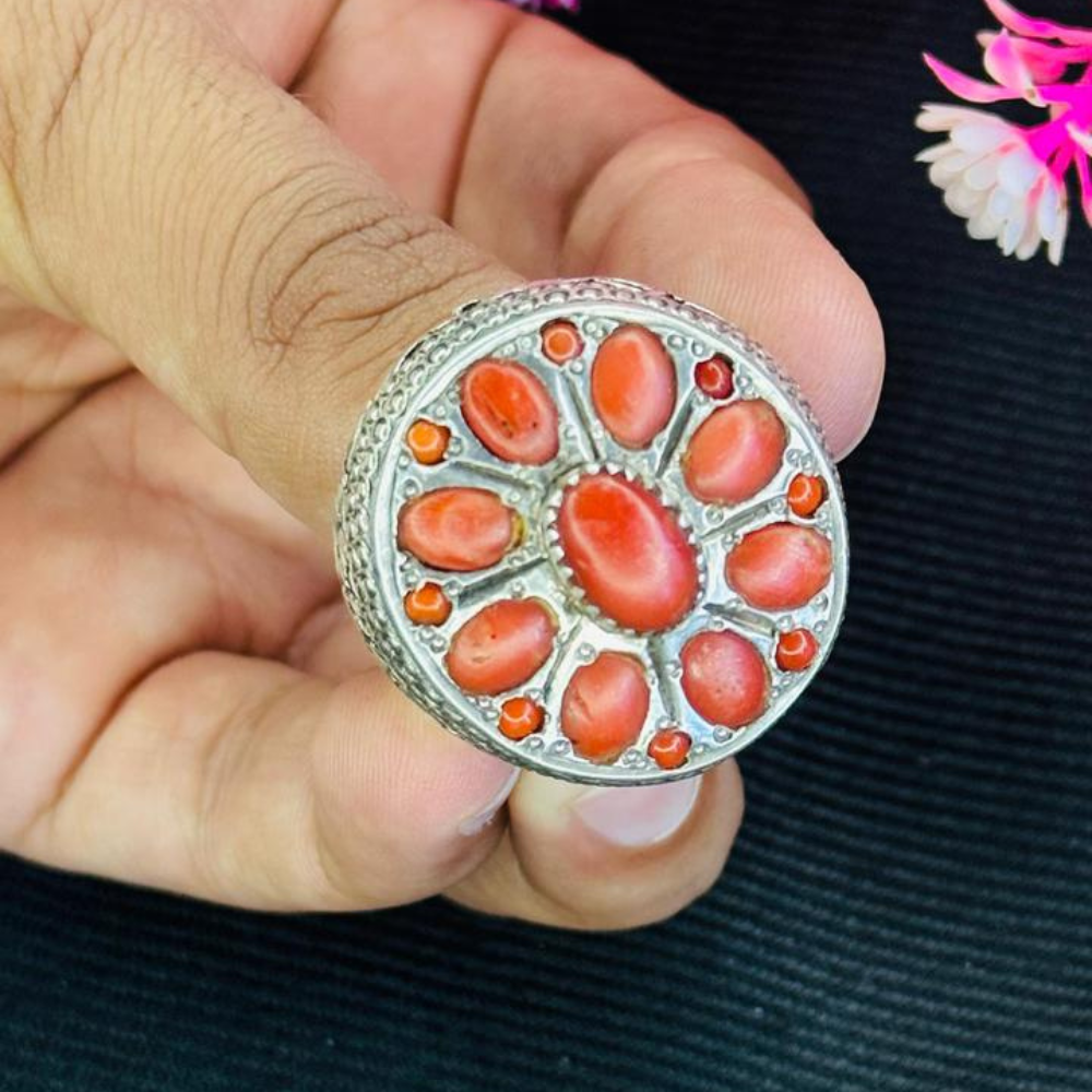 Premium Red Marjan (Coral) Silver Ring