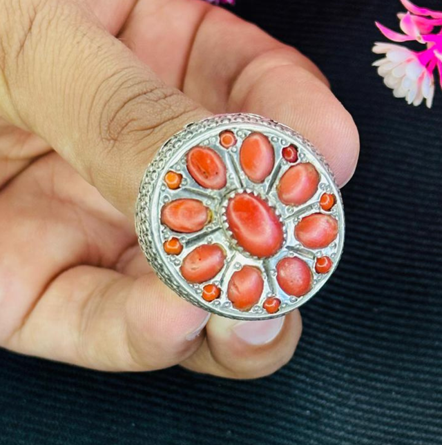 Premium Red Marjan (Coral) Silver Ring