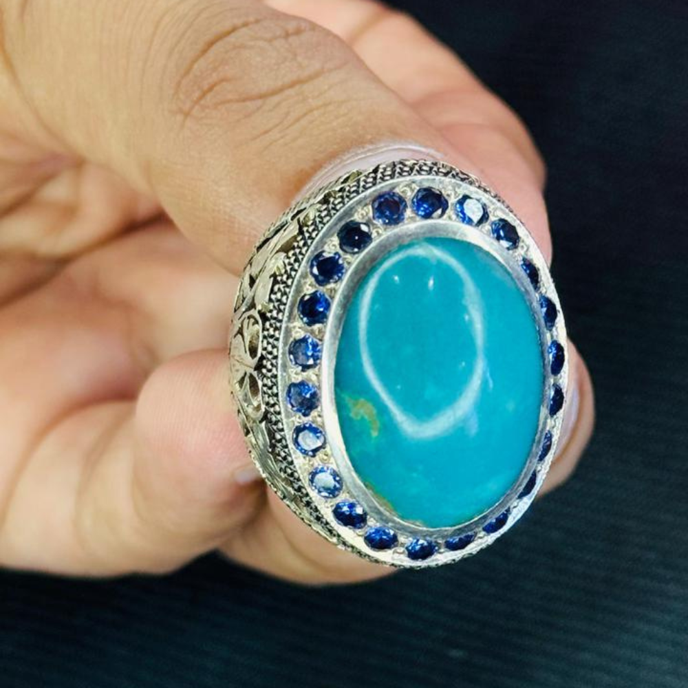 Irani Feroza (Turquoise) Silver Ring with Zargan – Handcrafted in Faisalabad