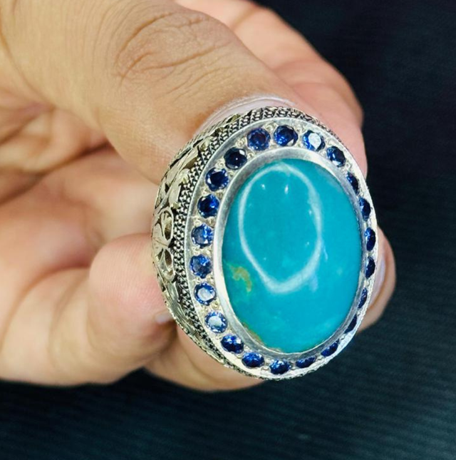 Irani Feroza (Turquoise) Silver Ring with Zargan – Handcrafted in Faisalabad