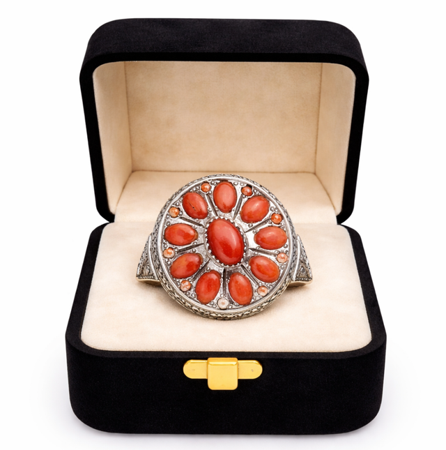 Premium Red Marjan (Coral) Silver Ring