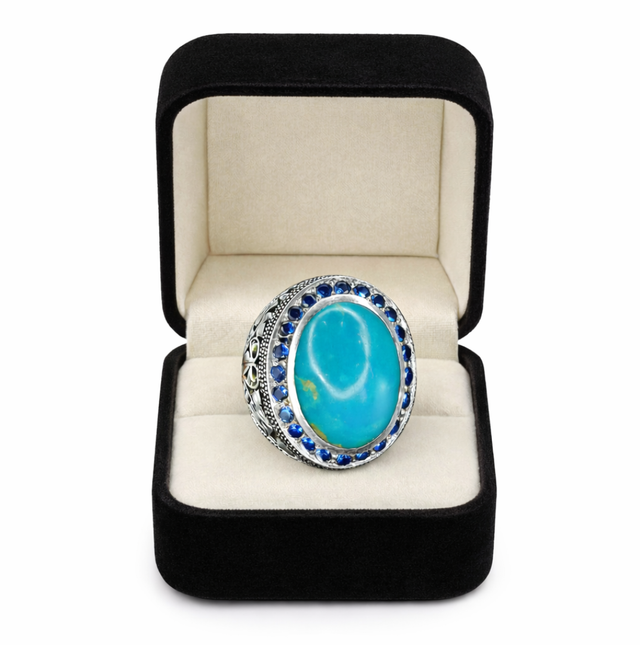 Irani Feroza (Turquoise) Silver Ring with Zargan – Handcrafted in Faisalabad